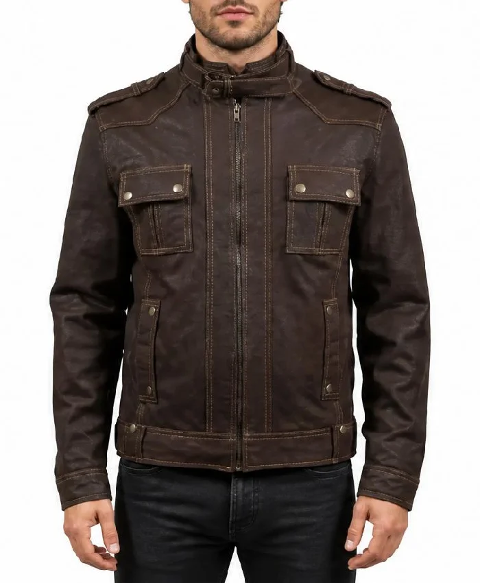 Brown Slim-Fit Moto Leather Jacket For Men