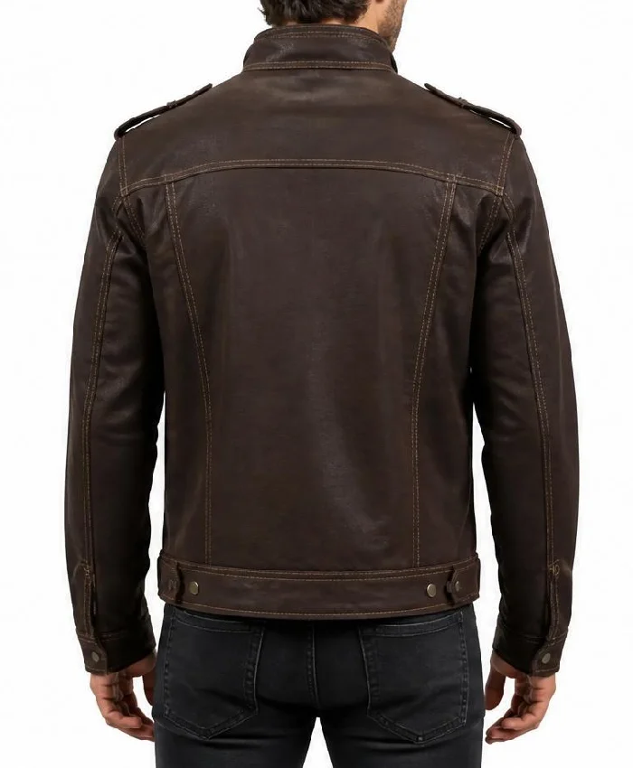 Brown Slim-Fit Moto Leather Jacket For Mens