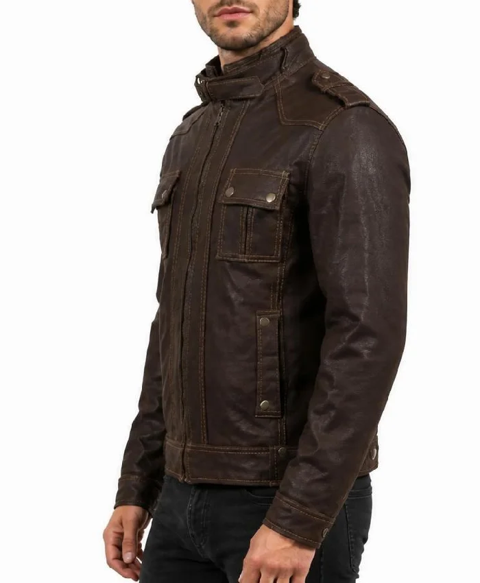 Brown Slim-Fit Moto Leather Jacket Men