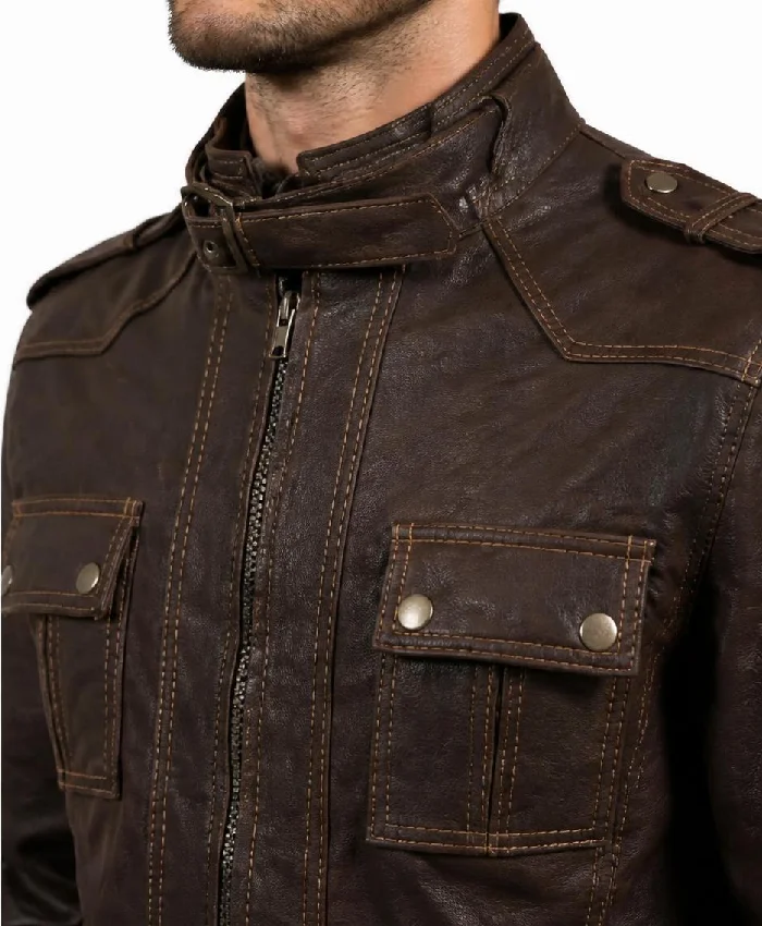 Brown Slim-Fit Moto Leather Jacket Mens