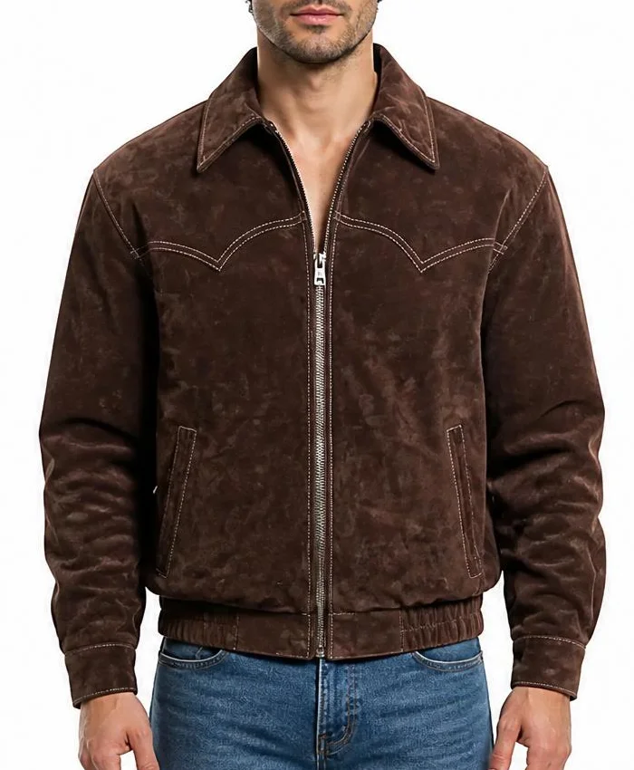 Brown Suede Leather Bomber Jacket For Mens