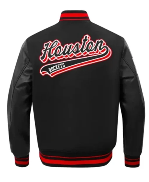 Buy Now Houston Rockets Script Tail Classic Rib Black Varsity Jacket For Unisex