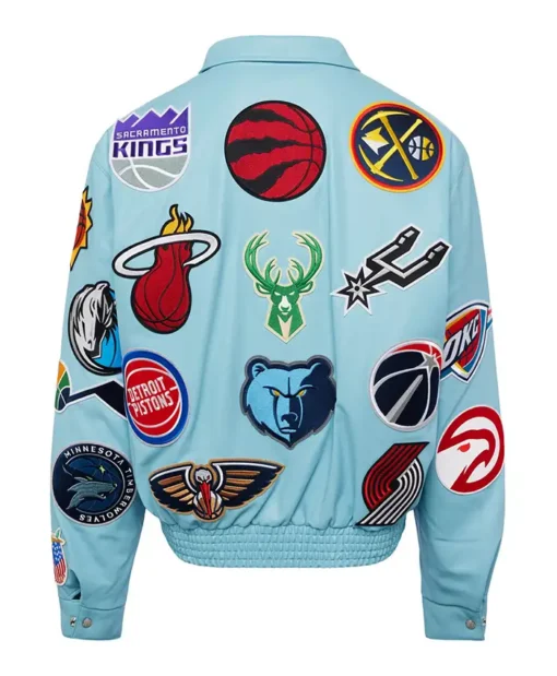 Buy Now Jeff Hamilton NBA Teams Collage Aqua Blue Leather Jacket For Men And Women