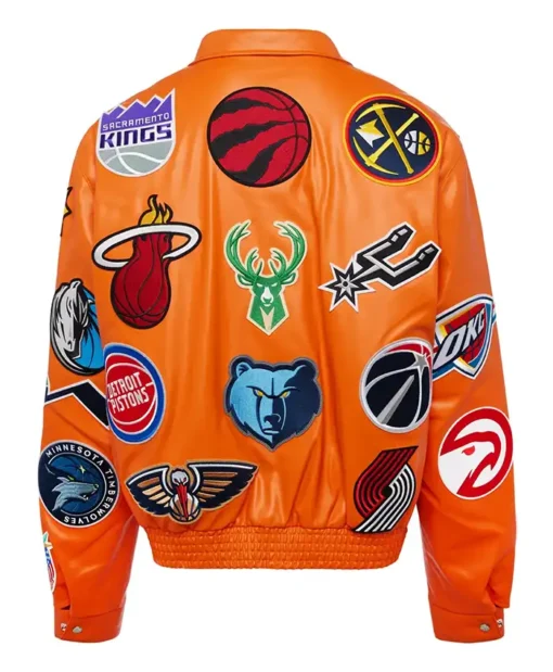 Buy Now Jeff Hamilton NBA Teams Collage Orange Leather Jacket For Men And Women