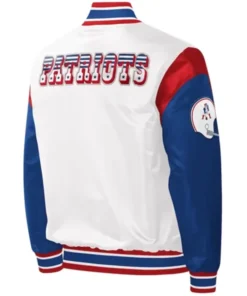 Buy Now New England Patriots Throwback Warm Up Pitch White Varsity Jacket For Unisex