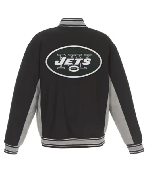 Buy Now New York Jets Black And Grey Varsity Jacket For Men And Women