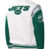 Buy Now New York Jets Throwback Warm Up Pitch Green And White Varsity Jacket For Unisex