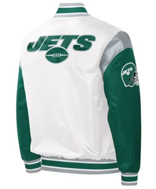 Buy Now New York Jets Throwback Warm Up Pitch Green And White Varsity Jacket For Unisex