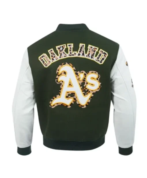 Buy Now Oakland Athletics Animal Print Green And White Varsity Jacket For Unisex