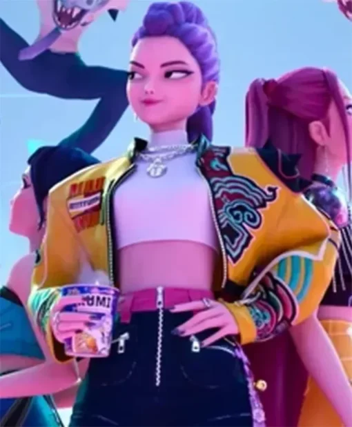Buy Now Rumi Movie KPop Demon Hunters 2025 Cropped Yellow Leather Moto Jacket For Unisex