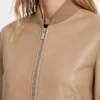 Camel Brown Leather Bomber Jacket For Women