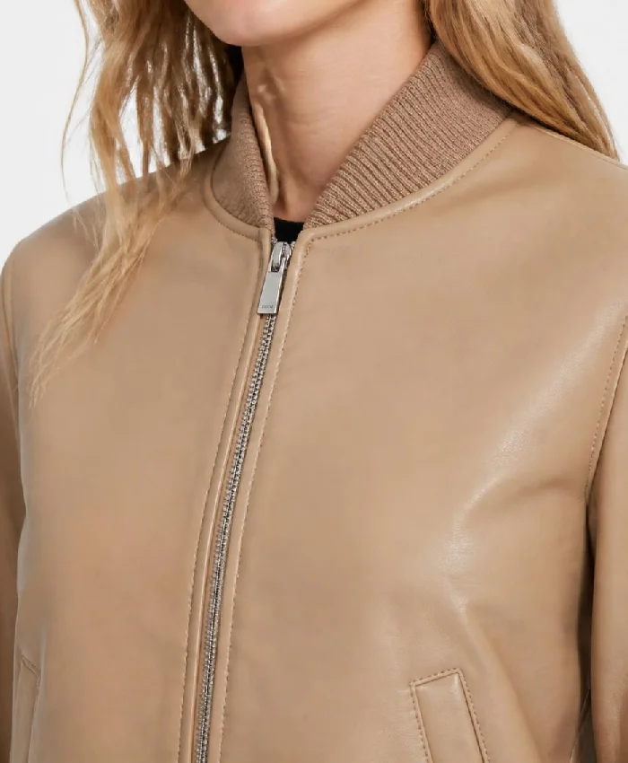 Camel Brown Leather Bomber Jacket For Women
