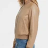 Camel Brown Leather Bomber Jacket For Womens