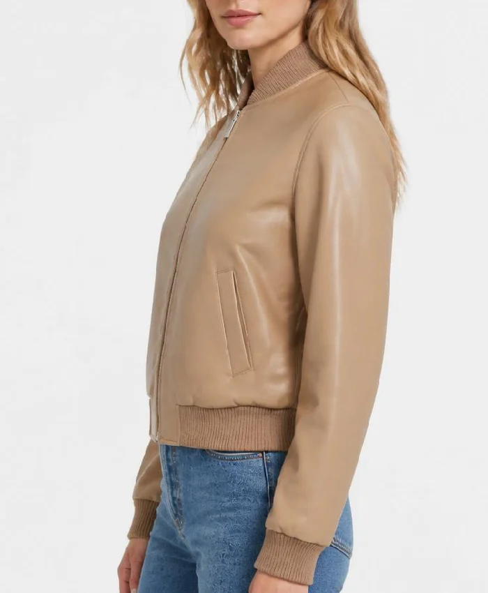 Camel Brown Leather Bomber Jacket For Womens