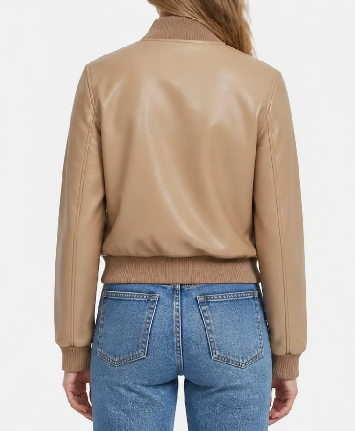 Camel Brown Leather Bomber Jacket Women