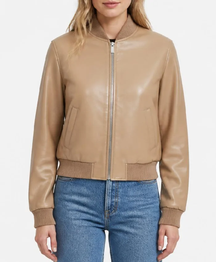 Camel Brown Leather Bomber Jacket Womens