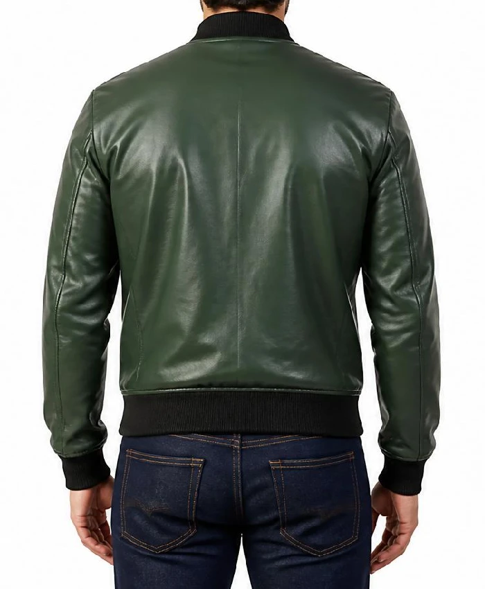 Casual Bomber Green Leather Jacket For Men