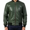 Casual Bomber Green Leather Jacket For Mens