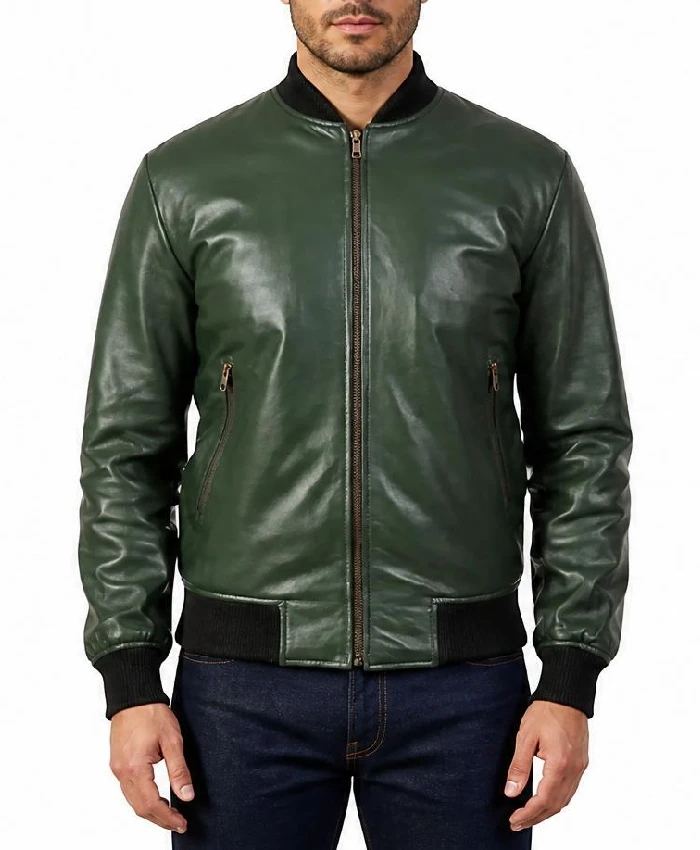 Men’s Casual Bomber Green Leather Jacket