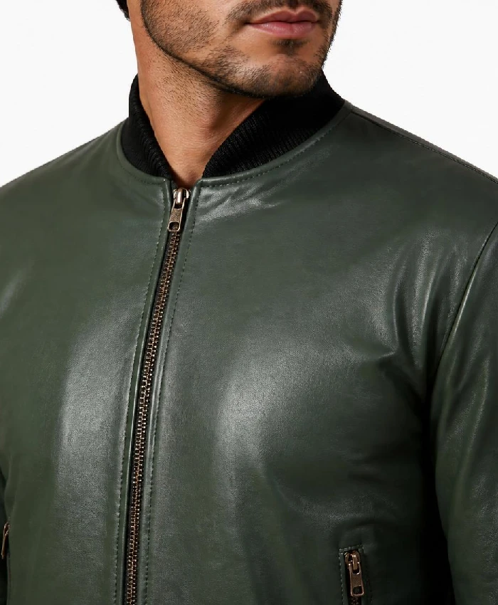 Casual Bomber Green Leather Jacket Men