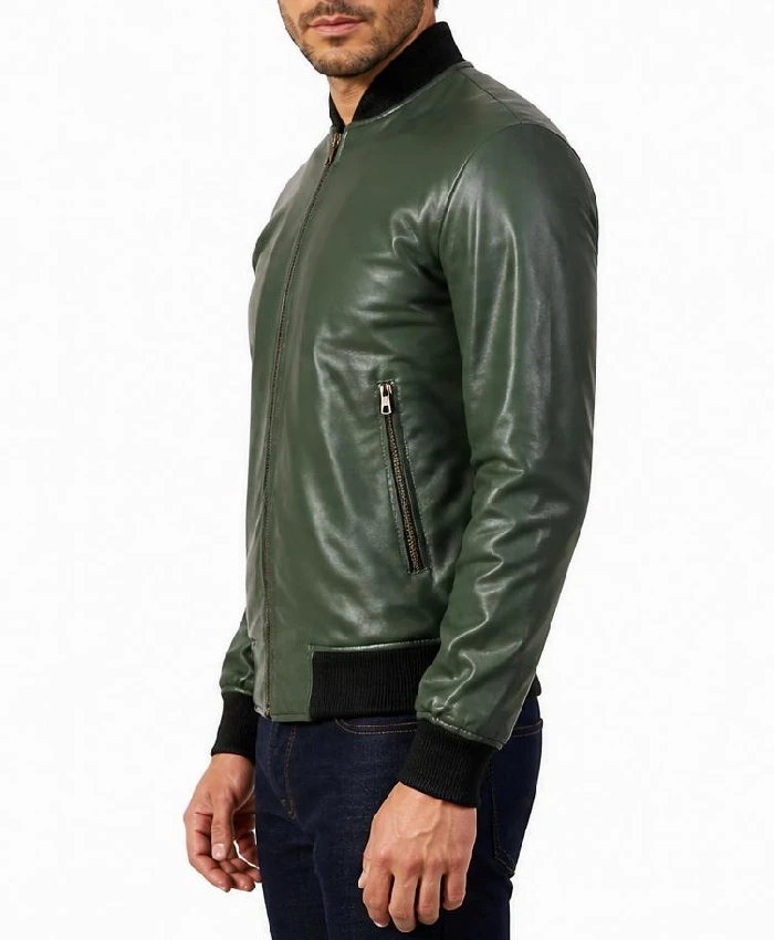 Casual Bomber Green Leather Jacket Mens