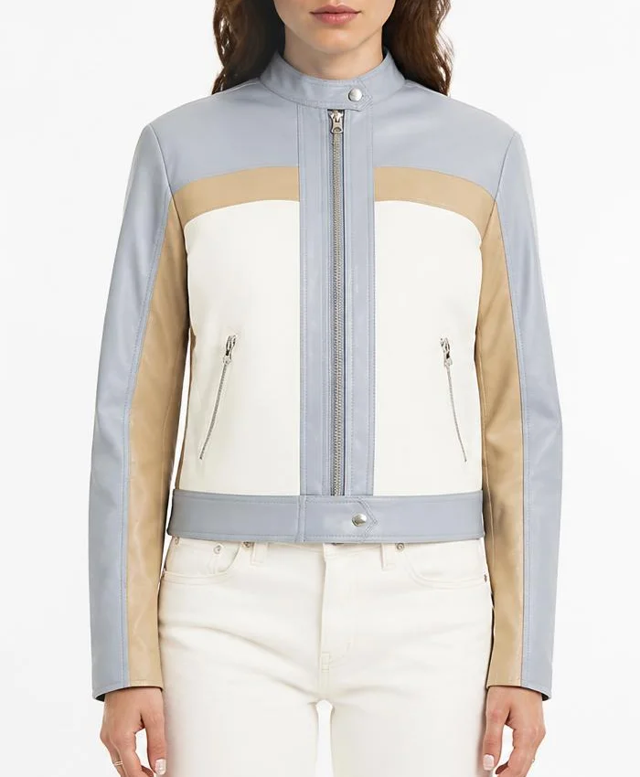 Colorblock Leather Biker Jacket For Women