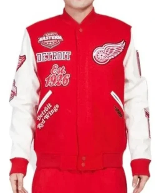 Detroit Red Wings Animal Patches Red And White Varsity Jacket