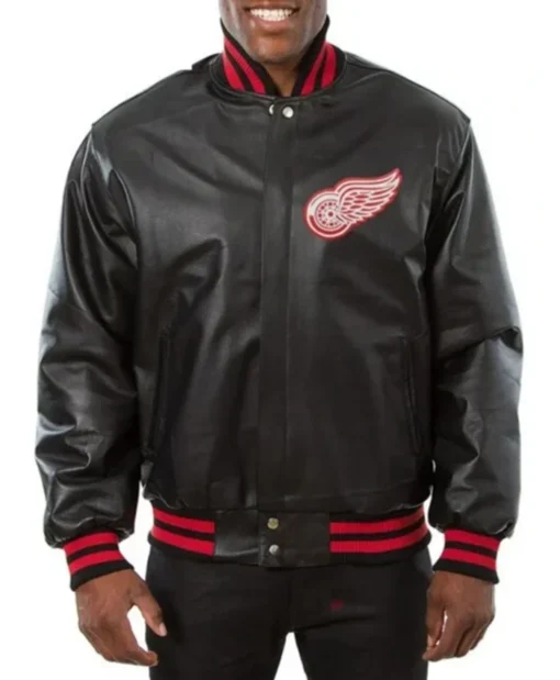 Detroit Red Wings Black Leather Varsity Jacket
