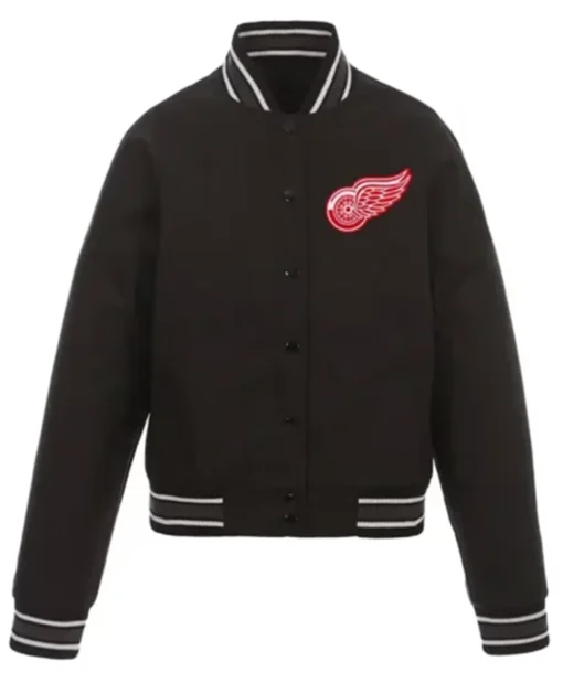 Detroit Red Wings Front-Hit Black Poly Twill Varsity Jacket