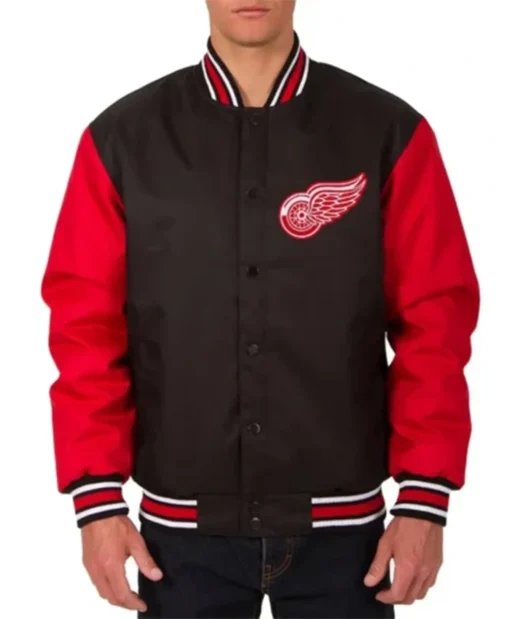 Detroit Red Wings Two Hit Poly Twill Black And Red Varsity Jacket