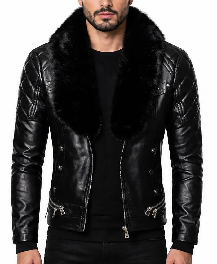Fur Retro Aviator Black Leather Jacket For Mens