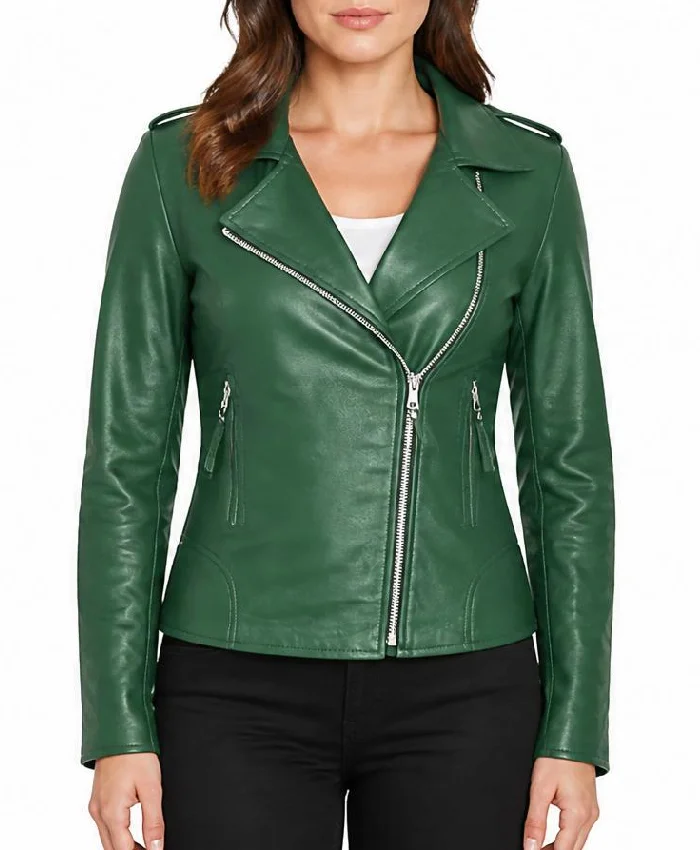 Green Brando Biker Leather Jacket For Women