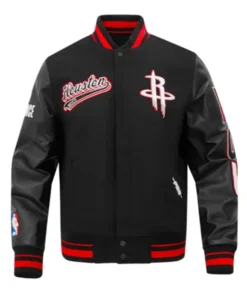Houston Rockets Script Tail Classic Rib Black Varsity Jacket