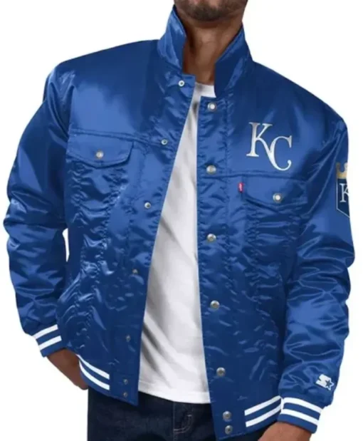 KC Royals Royal Silver-Tab Satin Trucker Jacket