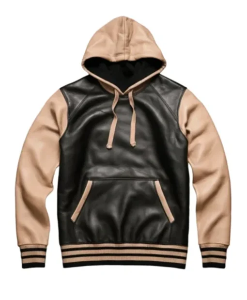 Men Alwyn Black And Beige Leather Hoodie