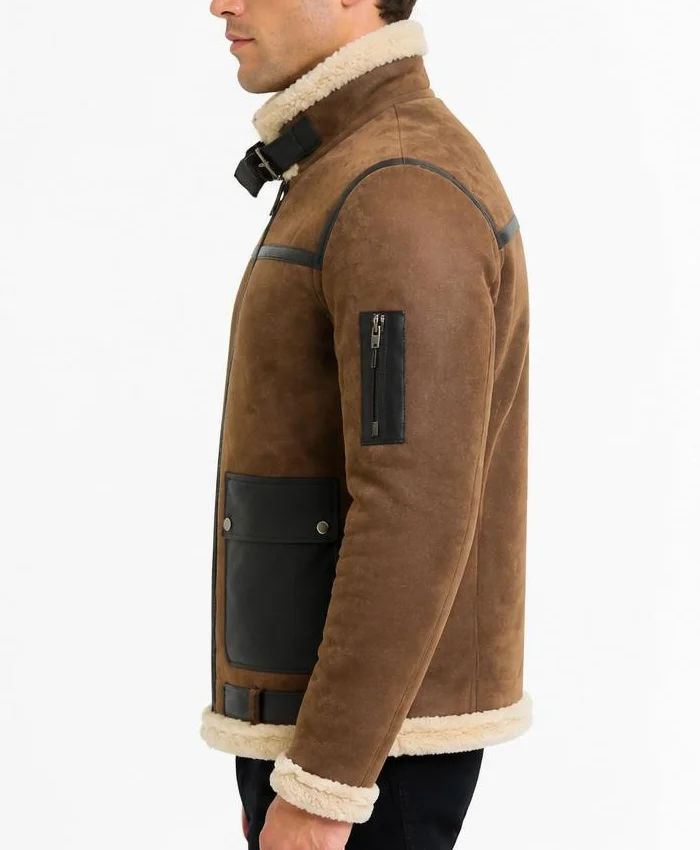 Men Aviator Bomber Shearling Leather Brown Jacket