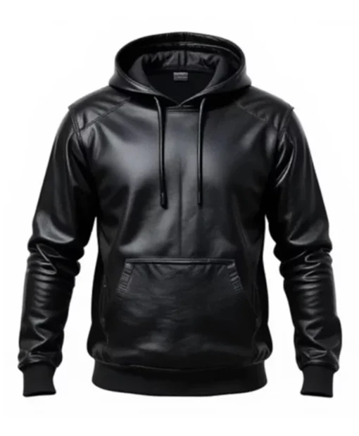 Men Black Premium Pullover Leather Hoodie