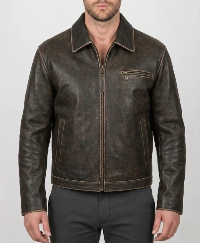 Mens Brown Leather Distressed Jacket for sale