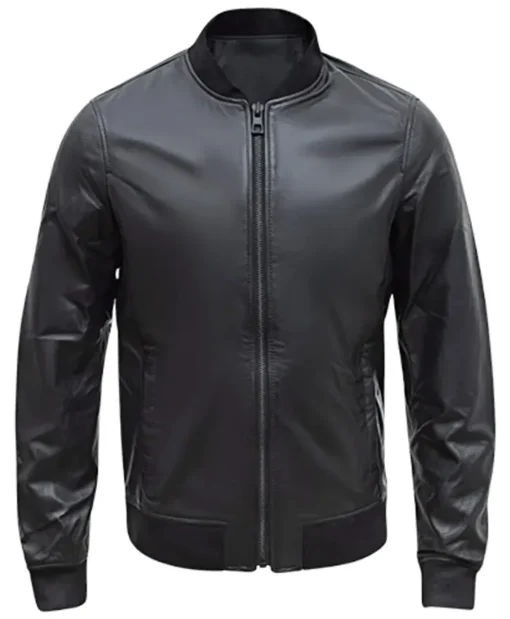 Men’s Casual Black Leather Bomber Jacket