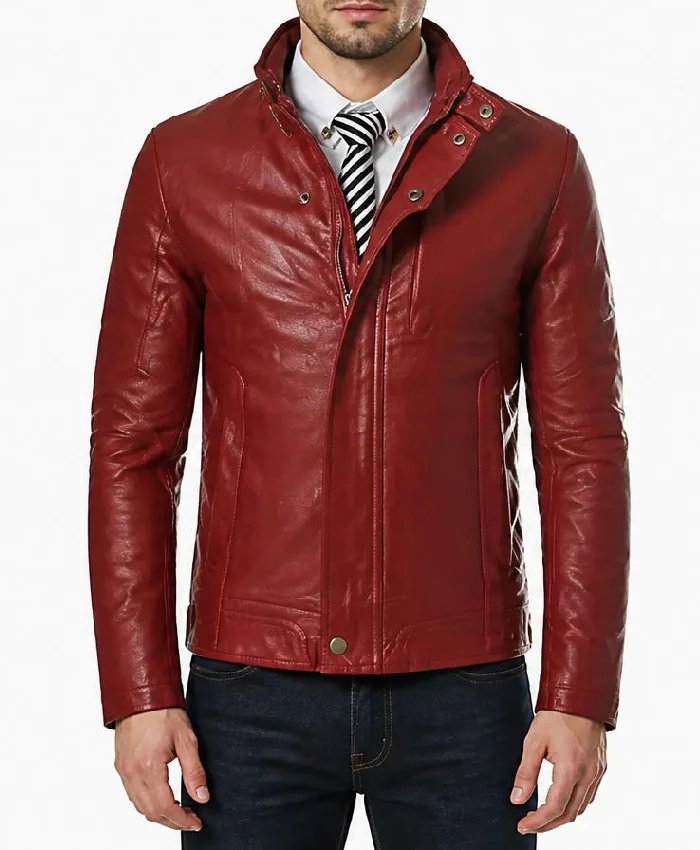 Mens Slim Fit Casual Maroon Leather Jacket