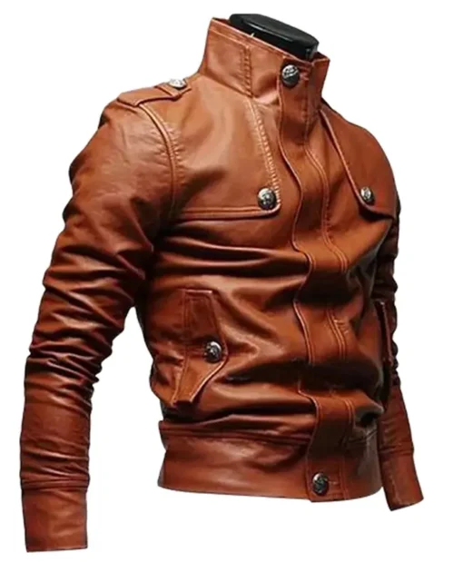 Men’s Slim Fit Leather Biker Tan Brown Jacket