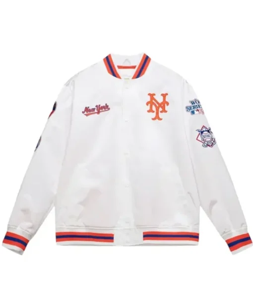 NY Mets City Collection White Satin Varsity Jacket