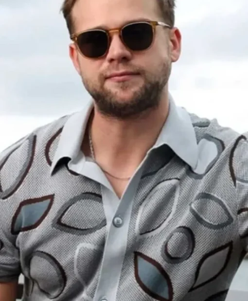 Press Junket 2025 Leo Woodall Grey Leaf Print Shirt