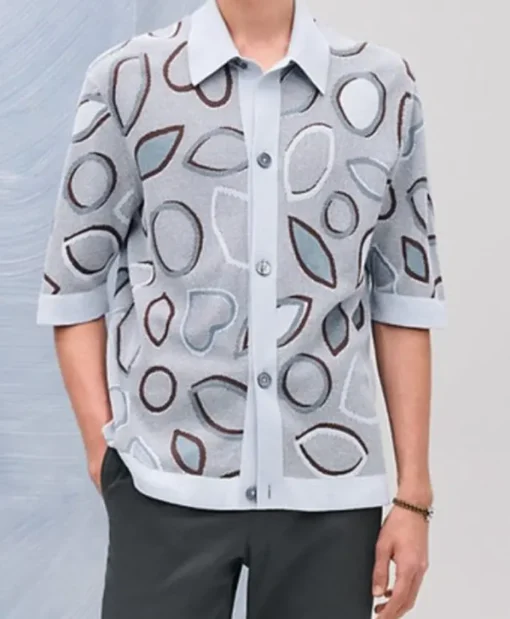 Press Junket 2025 Leo Woodall Leaf Grey Print Shirt