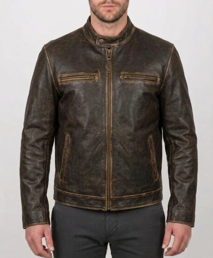 Men Brown Distressed Leather Motorcycle Biker Jacket