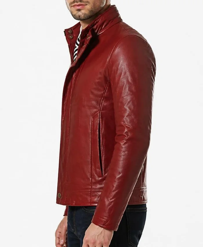 Slim Fit Casual Maroon Leather Jacket For Men