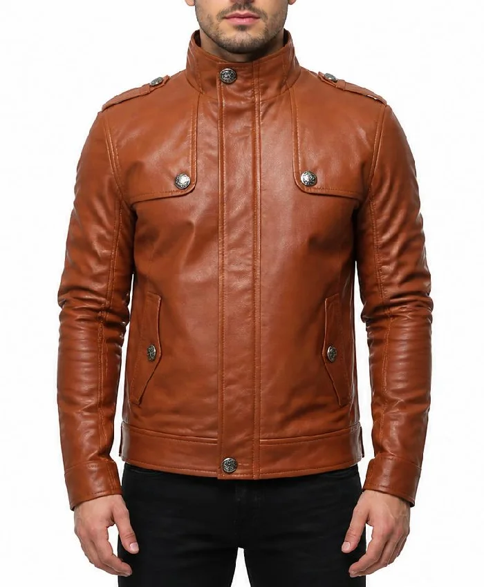 Slim Fit Leather Biker Tan Brown Jacket For Mens