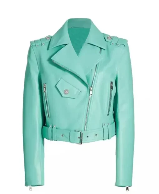 Women's Belted Turquoise Leather Biker Jacket