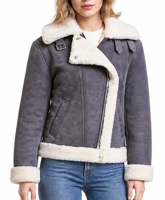 Womens Grey Suede Shearling Jacket