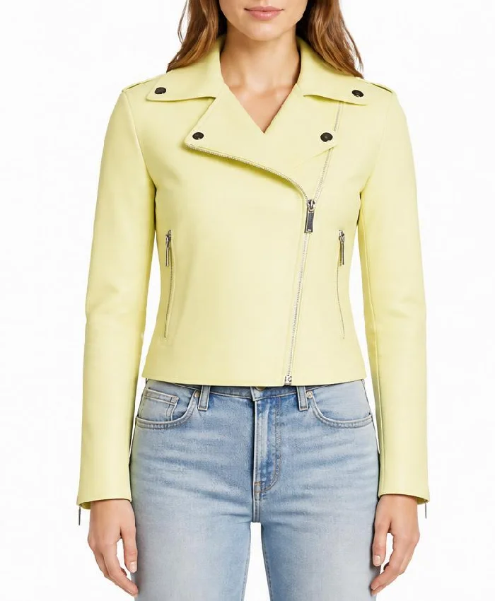 Yellow Leather Biker Jacket For Womens
